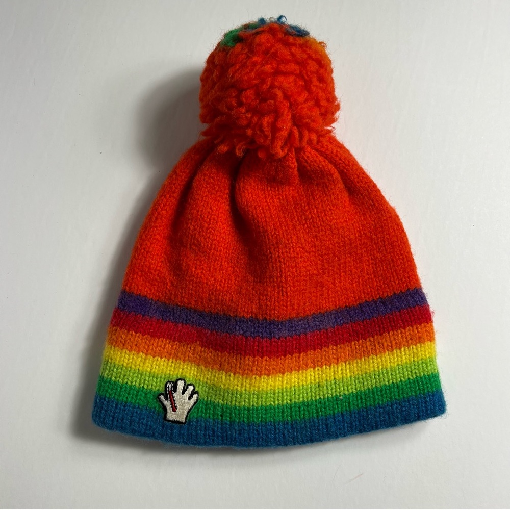Vintage Rainbow Pom Pom Hat Beanie Striped Wool